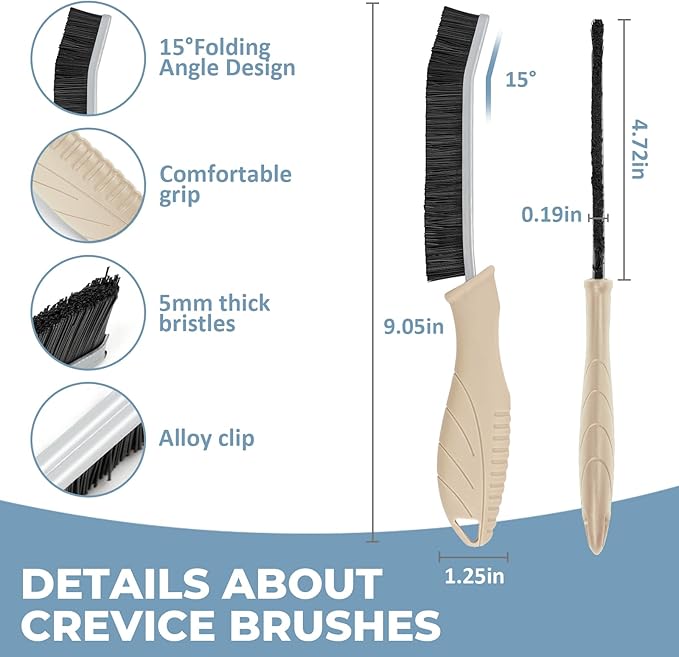 TQRR 3Pcs Cleaning Brush - Includes Soft Bristle, Hard Crevice, Multifunctional Grout Brush, Auto Vent Wheel, Kitchen House Cleaning Tools (Khaki)