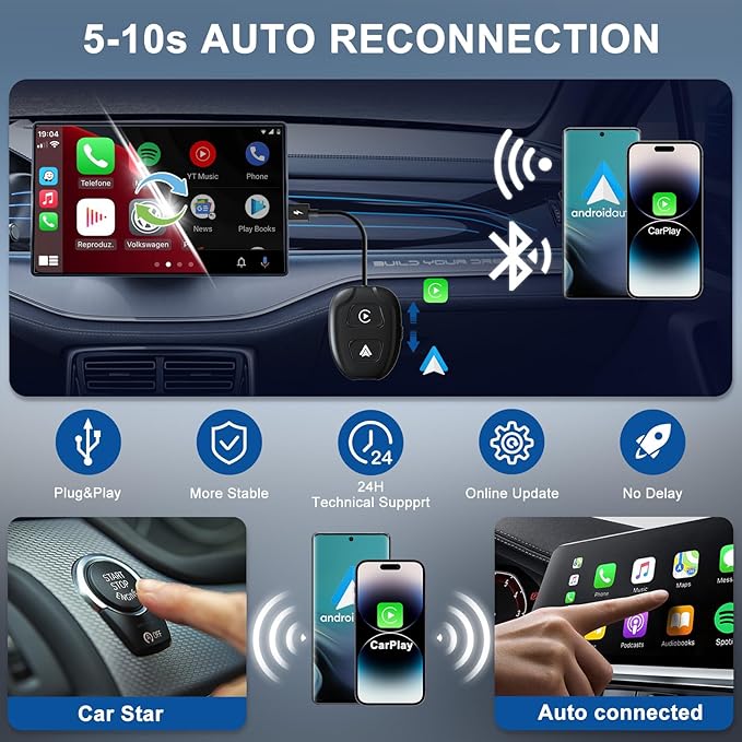 Wireless CarPlay Adapter for iPhone,Converts Factory Wired to Wireless,Plug & Play,Stable Control & No Delay,2025 Upgraded 2 in 1,USB A/C Port to iOS 10+ Android 10.0+