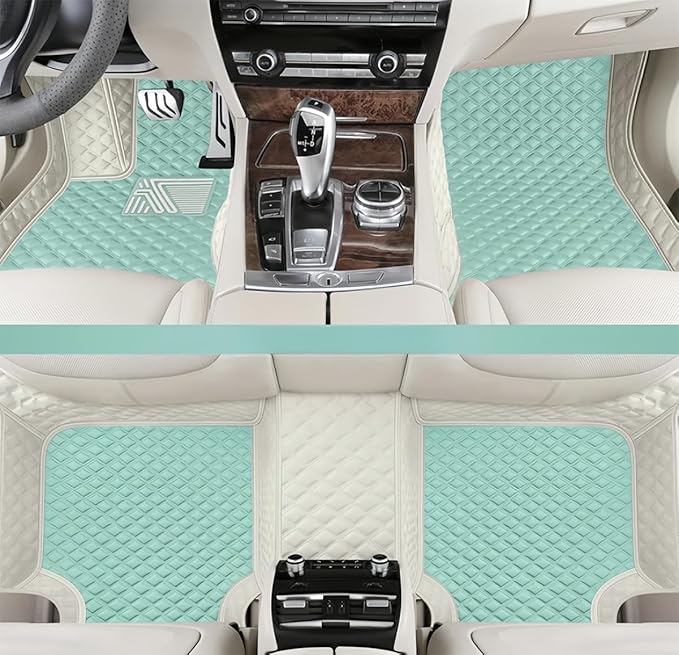 Customize Making Car Floor Mats for 99.99% Sedan SUV Pickup Truck Full Coverage Men Women Cute Leather Protection Pads Non-Slip Floor Liners (White+Elegant Green)