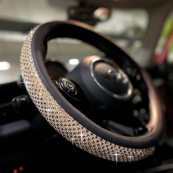PINCTROT Large Size Bling Comfy Steering Wheel Cover with Jumbo Crystal Rhinestones, Anti-Slip Diamond Leather, 15.5-15.75 Inch (Gold)
