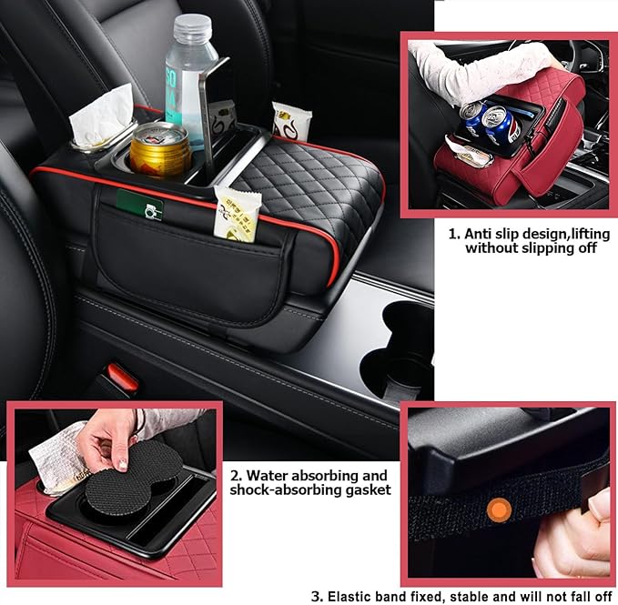 Car Armrest Storage Box for Nissan Hardbody (D21) 1986–1997, Center Console Organizer with Side Pocket, Ergonomic Memory Foam Armrest Cushion, Car Elbow Support Pad,D Red