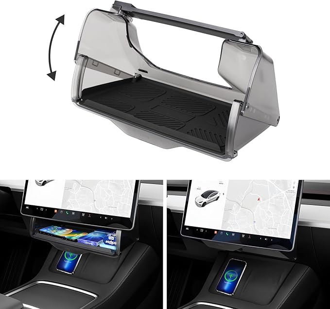Canvcle Hidden Under Screen Storage Box for 2016-2026 Tesla Model Y/Model 3 Accessories,One‑click open & Silent Damping Slides Center Console Organizer (Fit New Model Y Juniper/Model 3 Highland)