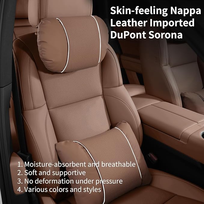 Car Headrest & Lumbar Support Set,Premium Skin-Feeling Napa Leather Soft and Comfortable Headrest,Car Seat Headrest Pillow Waist Support Car Interior Accessories for Driving Home Office