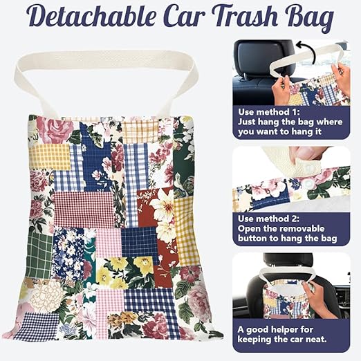 Floral Patch Print Car Trash Bag Hanging Garbage Bag with Snap Buttons Car-Back Seat Trash Storage Portable Dustbin for Men Women Car Interior Accessories Travel Camping