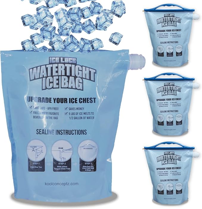 Large Leakproof Ice Bag. Reusable Ice Pack for Cooler - Long Lasting Instant Cooler Ice Packs - Drop in Cubed Ice to Make Cold, Dry Freezer Packs for Coolers - Drink Your Ice When It Melts