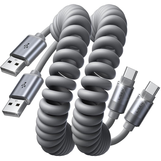 LISEN Coiled USB C Cable, 2 Pack for Android Auto & CarPlay Cable, 4FT Short USB A to USB C Cable Compatible with iPhone 16/15, Samsung Galaxy S25/S24/S23 A15/A14, Google Pixel 9/8, Moto, OnePlus, TCL