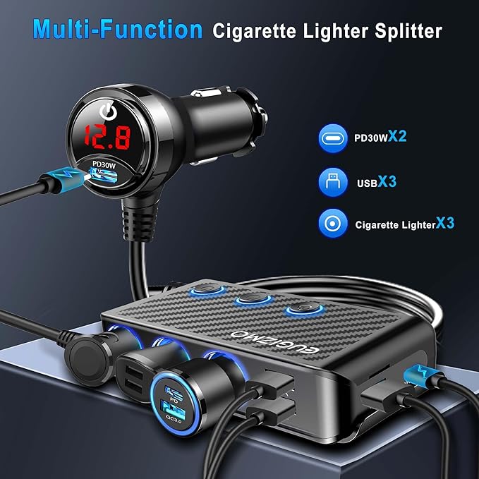 EUGIZMO Cigarette Lighter Adapter, 222W 3 Socket Car Cigarette Lighter Plug USB Charger Multi Port 12V Car Plug Outlet Splitter with LED Voltage Display Independent Switches