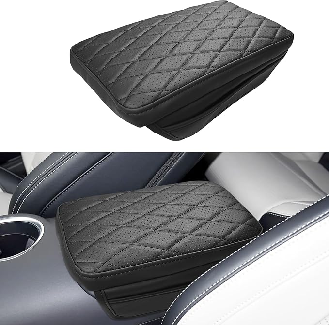 Center Console Armrest Cover Compatible with Ford Mustang 2015-2024 Leather Middle Console Arm Rest Box Protector Cushion Padding with Side Pockets Anti-Scratch Black