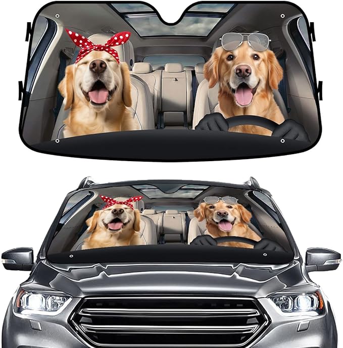 GENANY Cute Golden Retriever Dog Couple Funny Windshield Sun Shade for Car SUV Truck (55x30 Inches), Sun Shade Windshield, Protector Blocks UV, Spring Car Decor