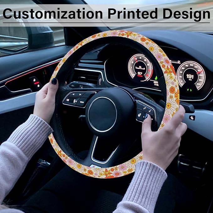 Colorful Daisy Steering Wheel Cover, Orange Floral Print Steering Wheel Cover Protector for Women, Ultra-Thin with Personalized Pattern Design, for Steering Wheel with a Diameter of 14.5"-15"
