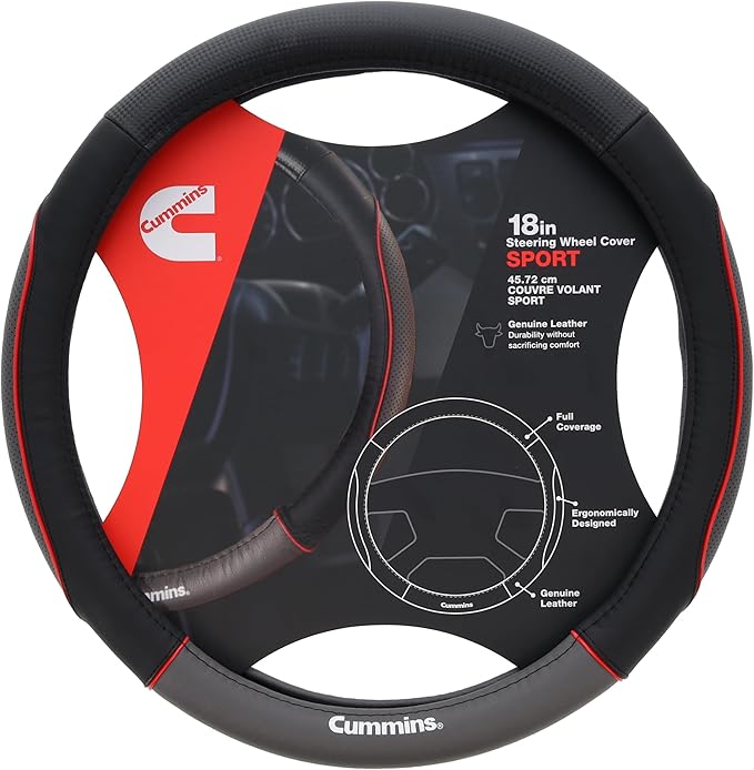 Cummins CMN35390 Sport 18-Inch Steering Wheel Cover Leather Semi Truck Interior Accessories for RV and Big Rig-Black and Red