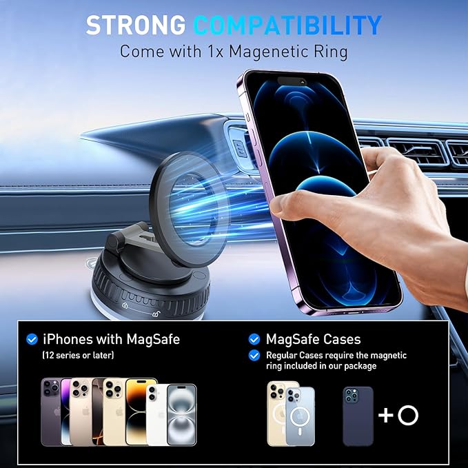 Car Phone Holder for Magsafe [Strongest Suction & Magnetic] 360° Adjustable Car Phone Mount,Cell Phone Holder for Your Car for All Smartphones & All Car Models
