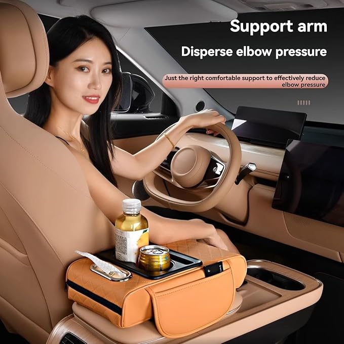 Multifunctional Pu Leather Car Armrest Box Mat, 5-In-1Multifunctional Car Armrest Cushion, Car Arm Rest Cover Pad, Center Console Organizer with Cup Holder, Tissue Box & Phone Slot (Gray)