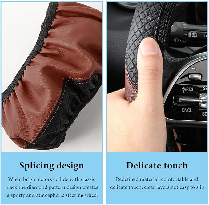 Car Steering Wheel Cover, 15 Inch Anti-Slip Stretch Leather Steering Wheel Protector, Comfortable Breathable Sporty Steering Wheel Cover for Women Men, Car Accessories (Black & Khaki, AD)