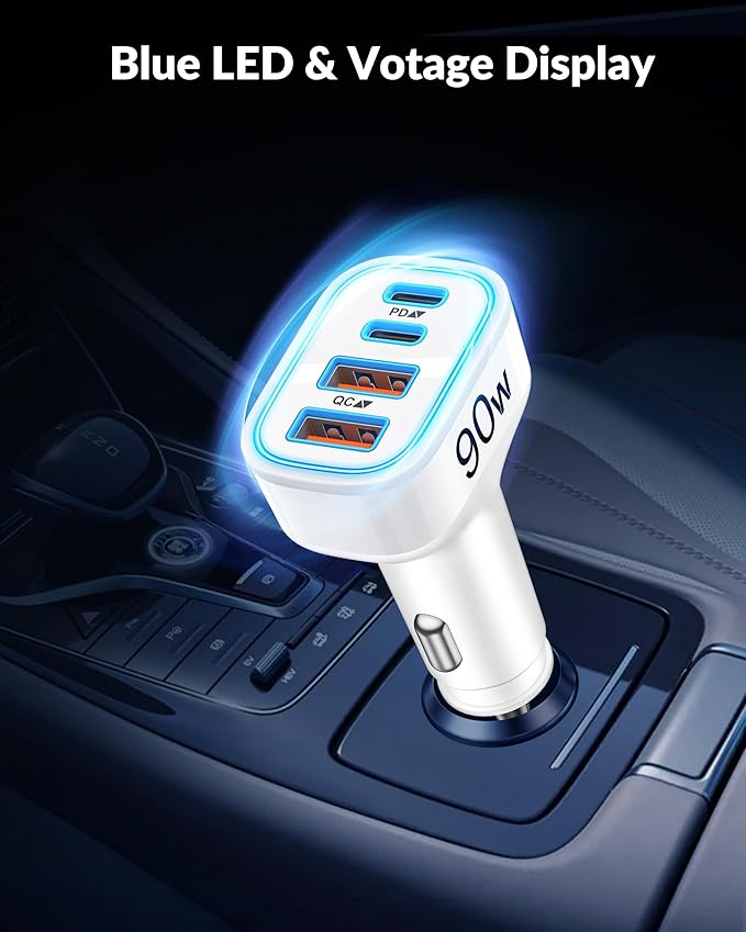 iPhone 17e 17 16 15 Pro Max Car Charger Fast Charging, 90W 4-Port USB C Car Charger 12-24V Cigarette Lighter Adapter with 3FT USB C Cable for iPhone 17/17 Pro Max/17e/16/16 Pro Max/15 Pro/Plus, iPad
