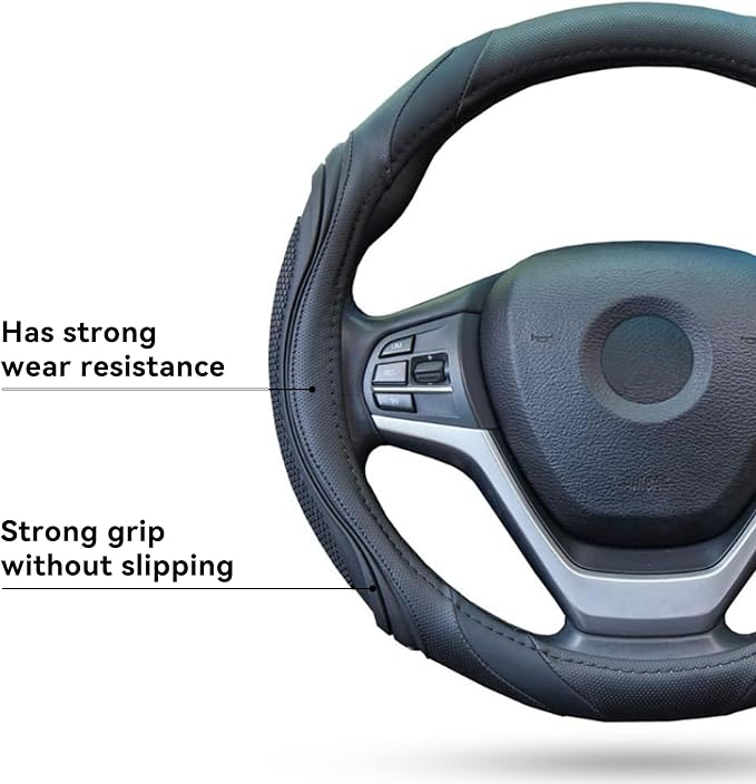 Car Steering Wheel Cover, 15 Inch Leather Breathable Anti-Slip Soft Steering Wheel Protector for Men and Women, Universal Car Accessories for SUV, Truck, RV (Black)