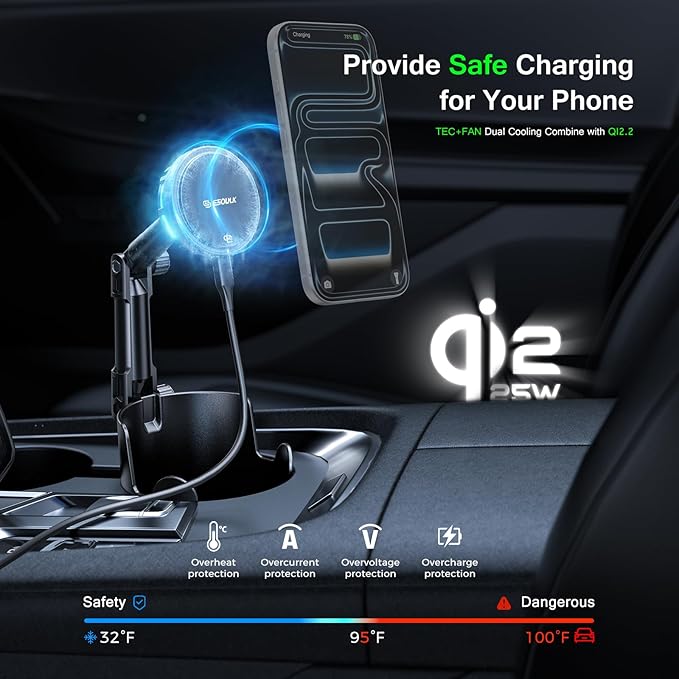 Esoulk [2026 Upgraded] Qi2 25W Fast Wireless Car Charger with Cooling Fan, Cup Holder Phone Mount with Adjustable Long Arm, Magnetic Fast Charging Holder for iPhone & Android