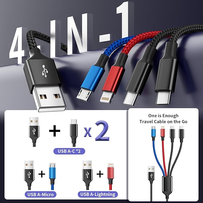 Dual Type-C 4 in 1 Multi Charging Cable for iPhone 17/ Galxy S26, Travel Cruise Essentials, USB Cable iPhone Charger Cord, Charging Cords for iPhone17-8/Androids/iPad and More, Car Charger (2Pack 5FT)