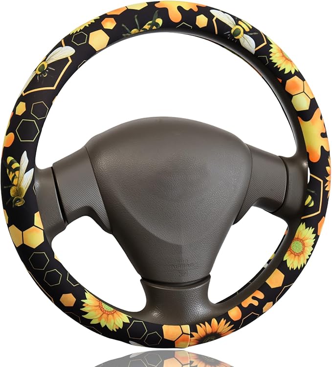 Bee Sunflower Honeycomb Steering Wheel Cover for 14.5-15 Inch (37-38 cm) Wheels, Premium Fabric with Non-Slip Rubber Inner Ring (Bee Sunflower Honeycomb)