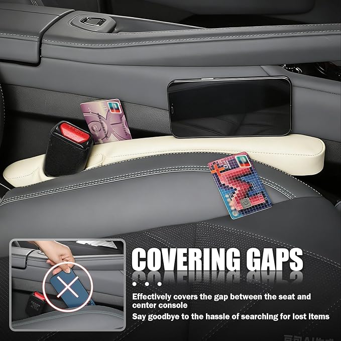 2026 New Car Seat Gap Filler 2 Pack,Leather Seat Gap Filler Strip with Fix Strap to Avoid Items from Falling,Universal Car Seats Gaps Plug Cars Interior Accessories (Off-White)