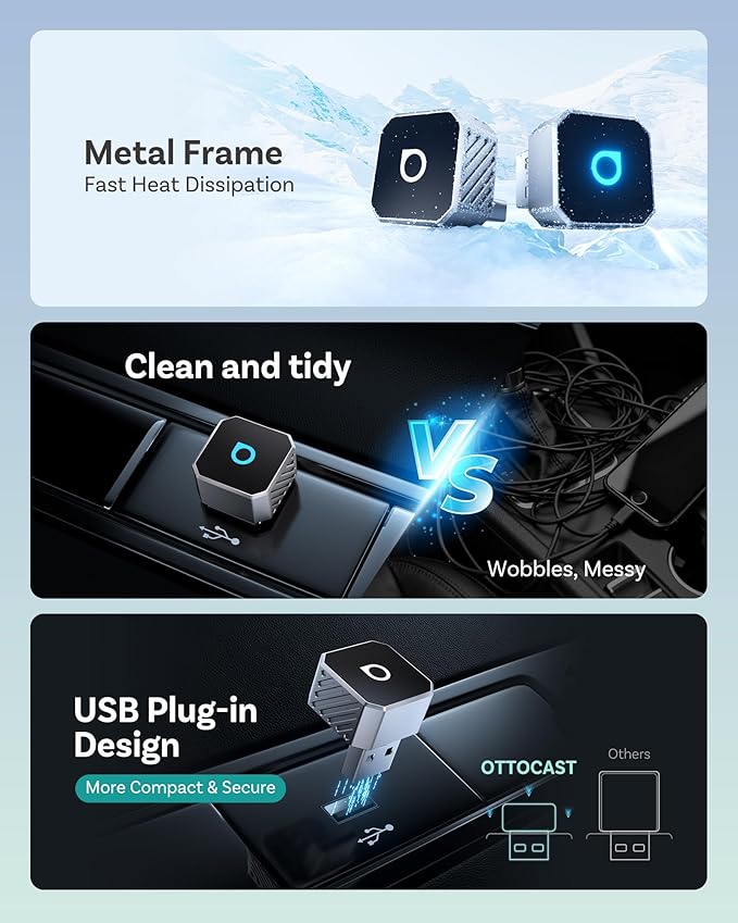 OTTOCAST Mini 3.0 (Pot) 2025 Wireless CarPlay & Android Auto 2-in-1 Adapter, Plug & Play, 5GHz WiFi, Auto Connect for iPhone & Android, Fits 98%+ OEM Wired CarPlay Cars
