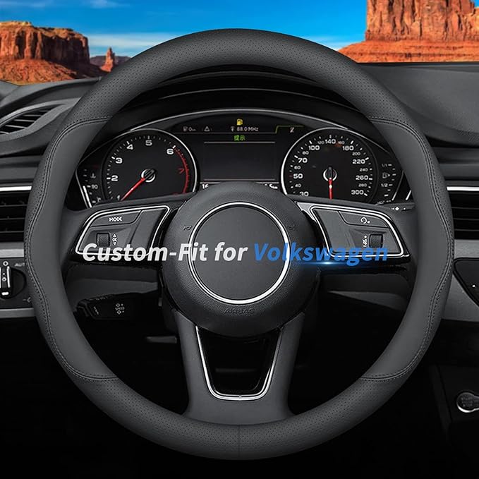 Custom-Fit for Volkswagen Steering Wheel Cover, Premium Leather Car Steering Wheel Cover with Logo, Non-Slip, Breathable,