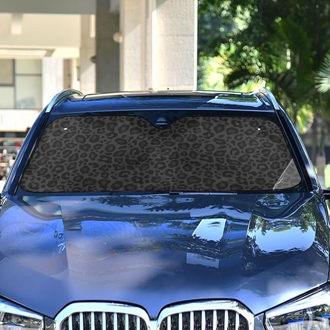 Black Leopard Car Windshield Sun Shade Animal Skin Print Foldable UV Ray Sun Visor Protector Sunshade to Keep Your Vehicle Cool (51" x 27.6")