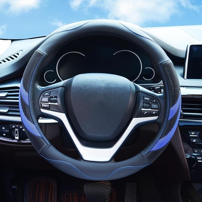 Alusbell Microfiber Leather Steering Wheel Cover Breathable Auto Car Steering Wheel Cover for Men and Women Universal 15 Inches (Blue)