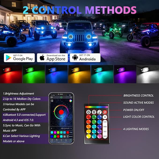 MONDEVIEW 8 Pods RGB LED Rock Lights for Jeeps Trucks Golf Carts & UTVs, Waterproof Underglow Kit with APP Control, Music Mode, 12V Underbody Neon Lights for Cars, ATV, RZR, SUV, Offroad Vehicles