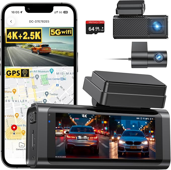 4K+2.5K Dash Cam Front and Rear,GPS,5.8G WiFi, Free 64GB Card Included,Dash Camera for Cars,2-Channel Car Camera,3.16'' IPS Screen,G-Sensor,24H Parking Monitor,Max 256GB