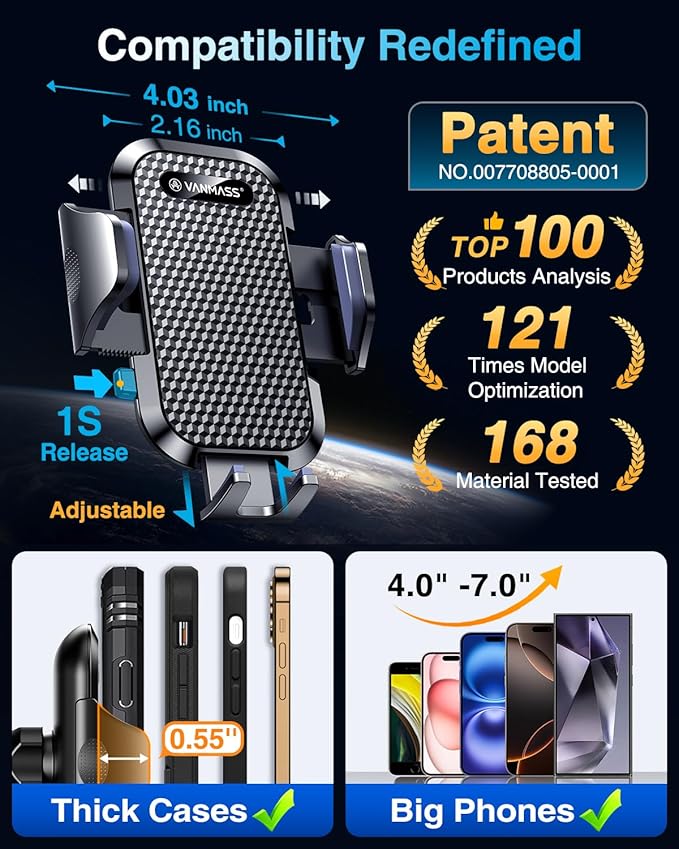 VANMASS Car Dashboard Phone Holder Universal Powerful Suction Cup Mount, Dash Windshield Air Vent Truck Stand Compatible with All Phones Black