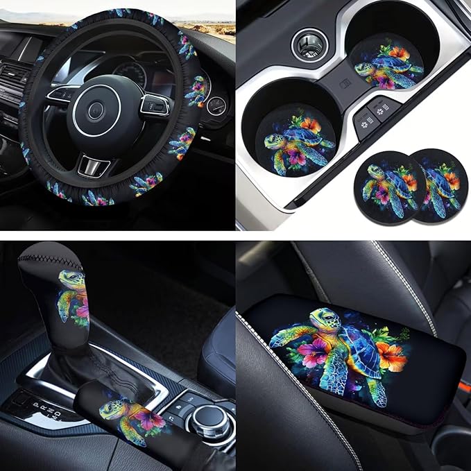 Sea Turtle Print Car Steering Wheel Cover Set for Men Women Colorful Turtle Cars Interior Decor Handbrake Cover Cup Coaster Fit for SUV Truck Vans