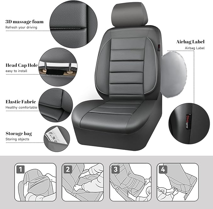 CAR PASS Leather Seat Covers Full Set Universal Water Resistant 3D Foam Back Support, Luxury Comfort Automotive 5 Seat Covers All Season Fit for SUV,Sedan,Van, Airbag Compatible Elegance (Gray)