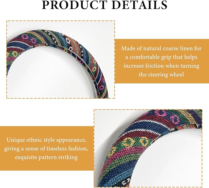 Boho Steering Wheel Cover, 15 Inch Coarse Flax Cloth Ethnic Style Anti-Slip Car Wheel Wrap, Universal Breathable Bohemian Steering Wheel Protector for Cars Vans Trucks (A)