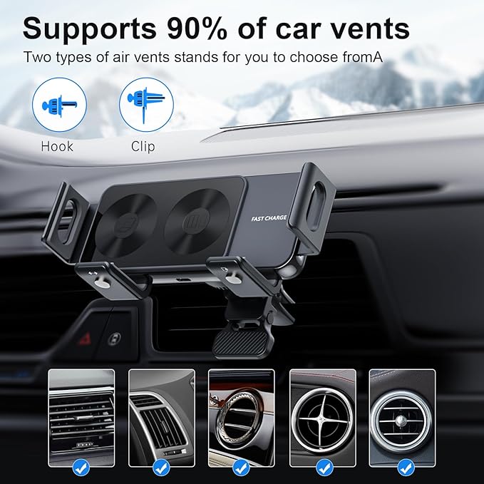 New Generation Scalable and Rotatable 15W Dual Coil Mobile Phone Wireless Car Charger,for Samsung Galaxy Z fold/flip/S/Note,Apple iPhone 8~17,Google Pixel 4~9,Compatible with 90% of Car Vents