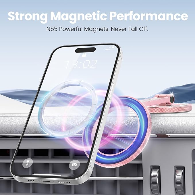 Pikabo Magnetic Phone Holder for Car Dashboard Phone Mount Holder Compatible with iPhone 17 Pro Max 16 15 14 13 12 MagSafe Accessories. (Glitter Pink)