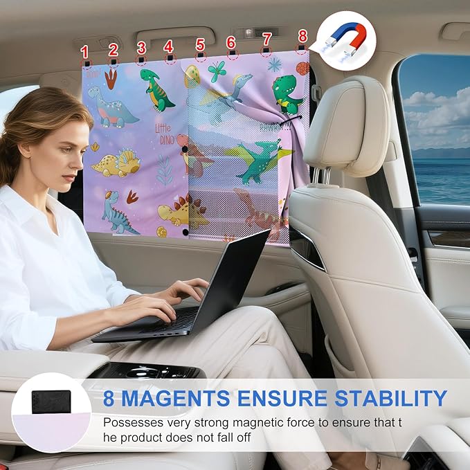 Car Window Shades with 8 Magnets-26.8"x19.7" Car Rear/Side Window Sunshade for Baby Semi-Transparent 2-in-1 Universal Auto Sun Shade for Kid & Pet Protection (2 Pack) Dinosaur Cartoon