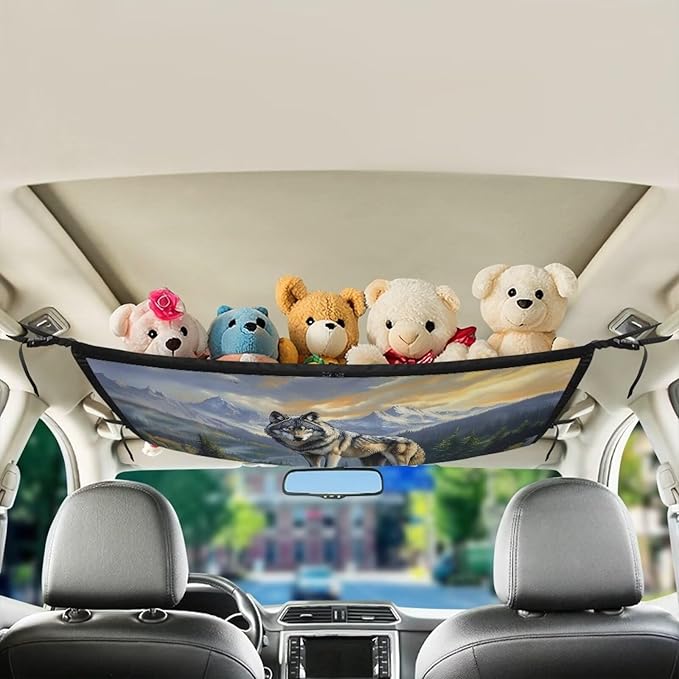 Generic Wolf Car Ceiling Cargo Net,31.69"x24.02" Reduce Car Roof Mesh Storage Organizer,Camping Gear Must Haves Cargo Bag,Long Travel Road Trip Car Camping Essentials Accessories