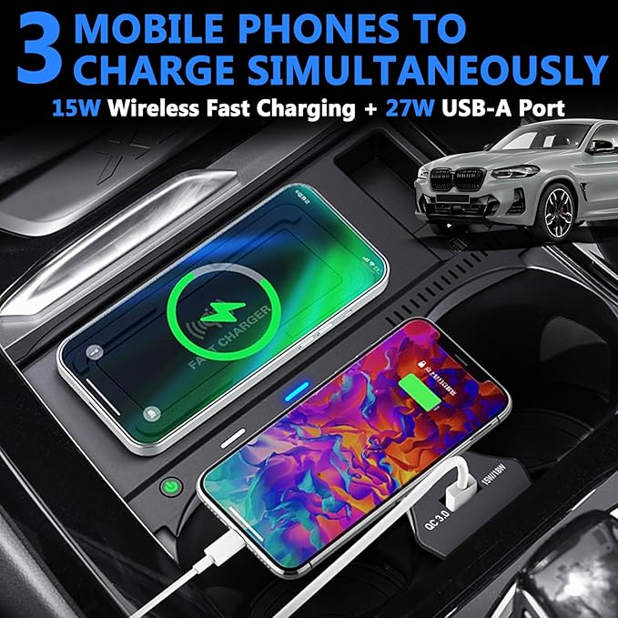 Wireless Car Charger for BMW 2018-2024 X3/X4, 2019-2024 X3M/X4M, 2021-2024 iX3 with 27W USB & Type-C Center Console Accessory Panel, Fast Charger for i-Phone Sam-Sung