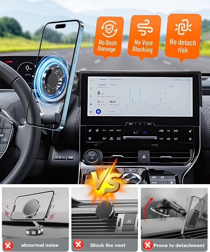Magnetic Car Phone Mount for 2023-2025 Toyota BZ4X / Subaru Solterra, for MagSafe Strong Magnets Cell Phone Holder 8/12.3-Inch Touchscreen Cradles, with Portable Phone Gripper 360° Rotation