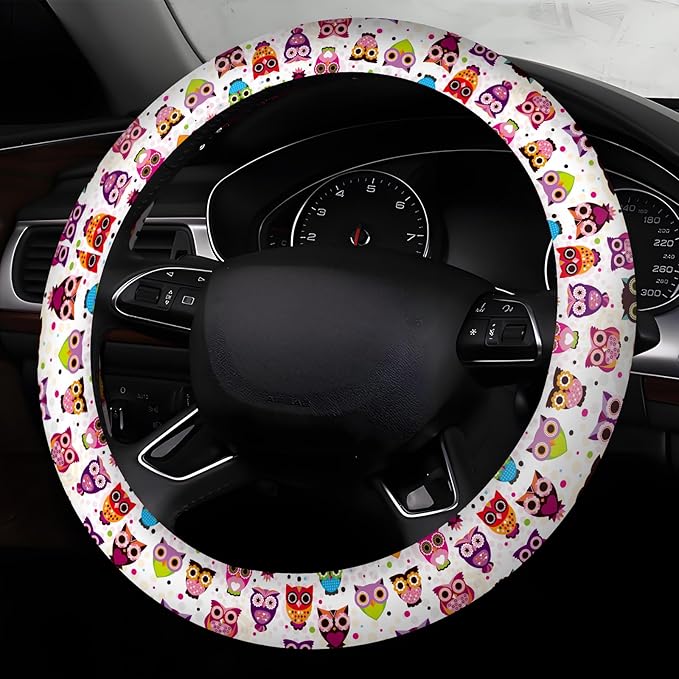 Car Steering Wheel Cover, Universal 15 Inch Neoprene Non-Slip Steering Wheel Covers, Funny Car Accessories for Women Men Fit Auto, Suvs, Truck Cute Colorful Owls