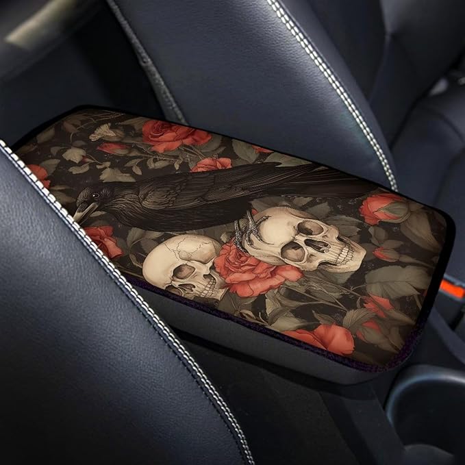 Crow Print Armrest Cover Pad for Car Skull Rose Print Center Console Cushion Pad Universal Decorative Car Armrest Box Protector Cover, Black