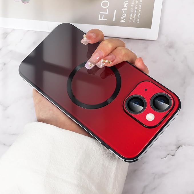 Guppy Compatible with iPhone 15 Case Magnetic, with Full Camera Lens Protector [Compatible with MagSafe] Scratch Resistant Gradient Glass Back Cover Phone Case-Red