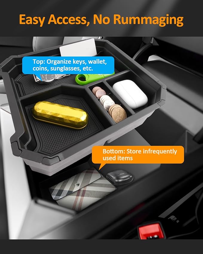 CDEFG Double Layers for 2024 2025 Tesla Cybertruck Center Console Organizer Tray for Cyber Truck 2024 2025 Accessories Armrest Storage Box Insert Tray for Cybertruck Arm Rest Middle Organizer