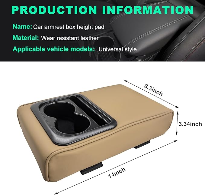 Car Center Console Armrest Pillow, Memory Foam Auto Armrest Box Cover with Cup Holder & Phone Holder, Waterproof Leather Arm Rest Protector Cushion, Interior Car Accessories (Beige)