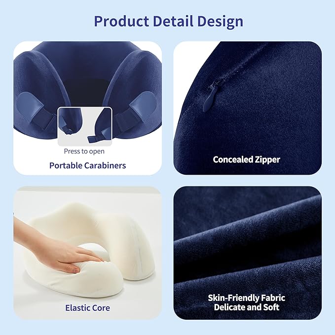 Neck Pillow for Airplane Travel Memory Foam - 360° Support for Long Flights & Car/Office Use, Machine Washable Pain Relief Pillow with Breathable Cover (Gemstone Blue)