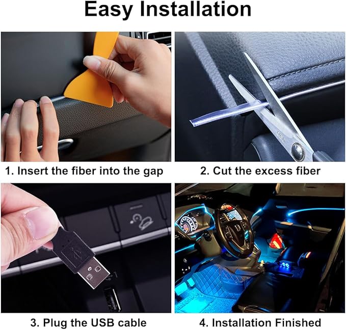 EL Wire Interior Car LED Strip Lights, LEDCARE 16.5FT USB Neon Glowing Strobing Electroluminescent Wire Strip with 6mm Sewing Edge, Ambient Lighting Kits for Car Inside Decoration (Ice Blue)