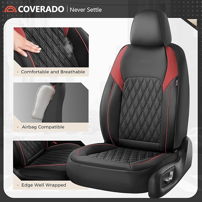 Coverado Automotive Seat Covers, Faux Leather Seat Covers Front Seat, Luxury Car Seat Covers, Seat Cushion, Front Driver Seat Covers, Car Seat Protector Truck Accessories Fit Most Cars, Black&Red