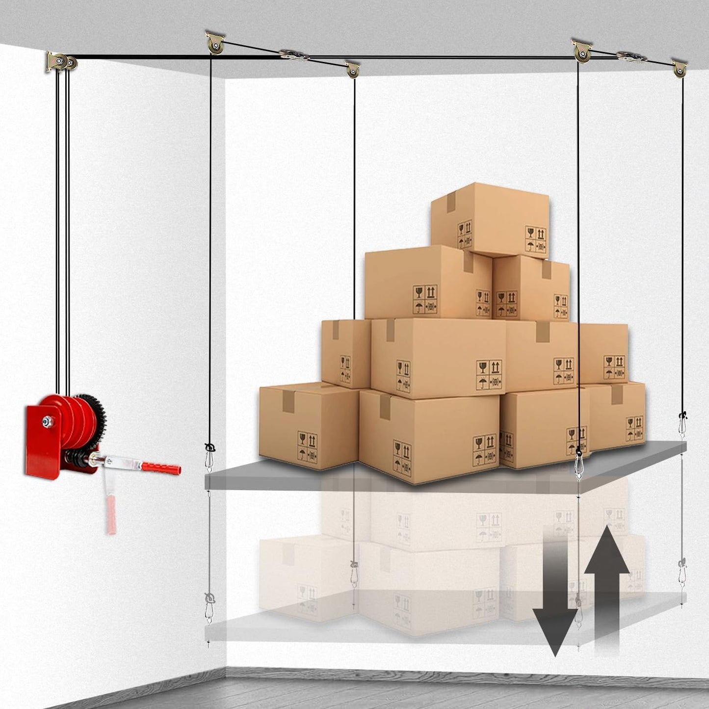 Overhead Garage Storage Lift - Heavy Duty Ceiling Mounted Garage Storage Lift System for Organization - 300lbs Weight, Supports 8-16ft Ceilings, Compatible Bronco, Weight, Wrangler (Deck Not Includ)