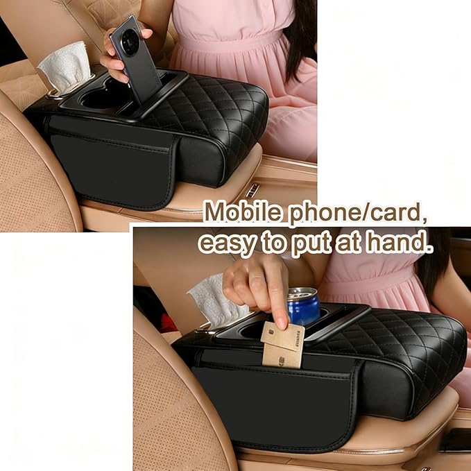 Car Armrest Cushion (Black) Multifunctional 5 in 1 Center Console Armrest Cushion with Storage Bag Cup/Phone Holder Tissue Box - Waterproof Car Interior Storage Device